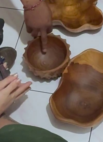 Hand-Carved Fluted Teak Durian Bowl